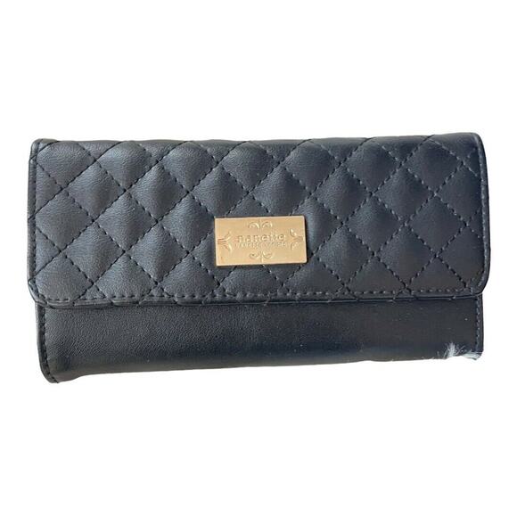 Nanette Lepore Black Long Quilted Vegan Leather Trifold Clutch Wallet - Picture 1 of 10